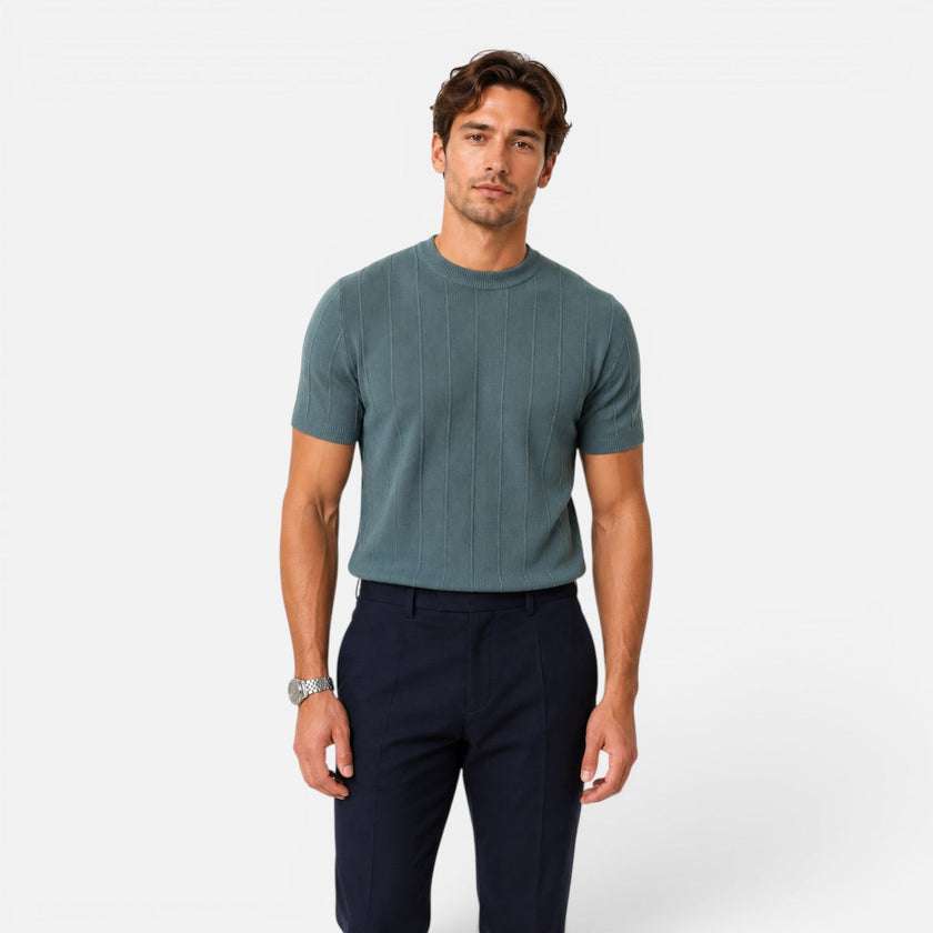Men's striped knitted T-shirt by FJØRNA, lightweight and slim fit, ideal for summer casual wear.