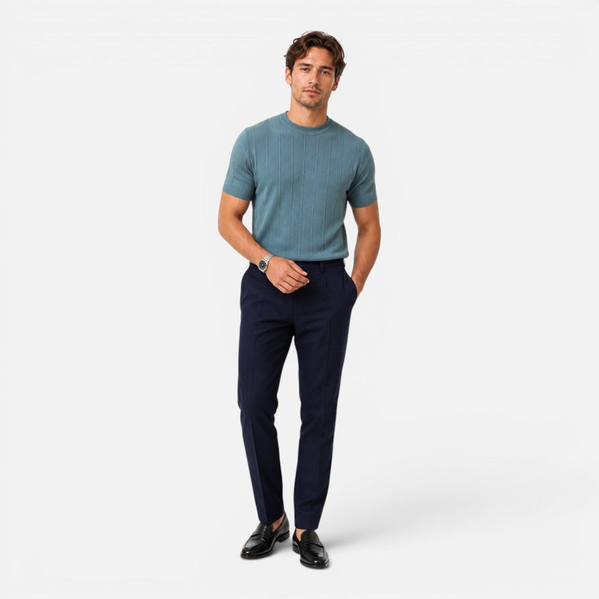 Men's striped knitted T-shirt by FJØRNA, lightweight and slim fit, perfect for summer comfort and casual wear.