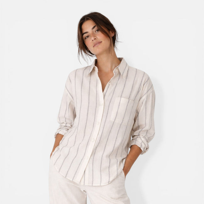 FJØRNA women's striped button-down shirt with relaxed fit, lightweight fabric, and classic design, perfect for casual wear.