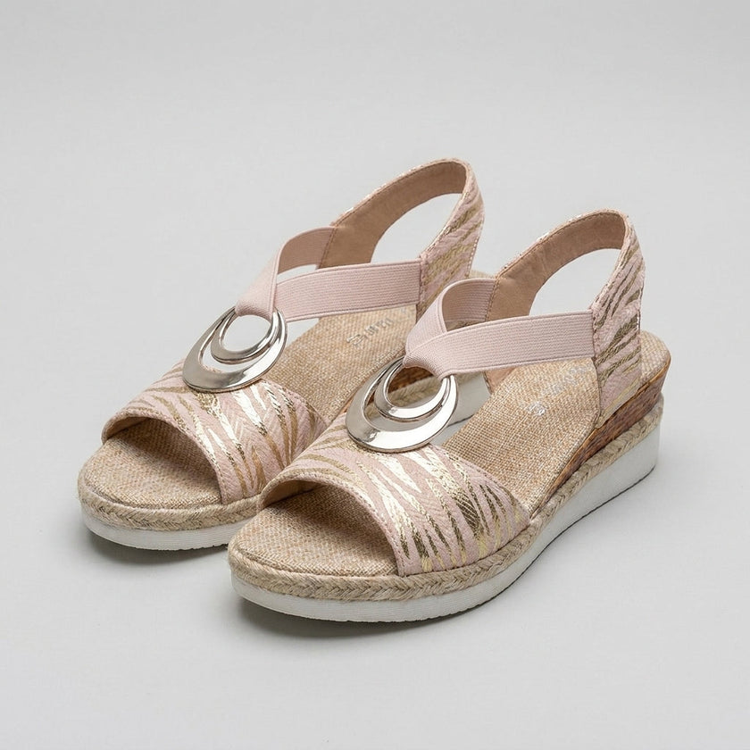 FJØRNA orthopedic peep-toe wedge sandals for women with supportive design and neutral color, displayed on a studio background.