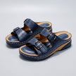 Blue FJØRNA orthopedic buckle platform slide sandals for women with cushioned straps and chunky soles, ideal for comfort and style.