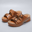 FJØRNA women's orthopedic buckle platform slide sandals in studio brown with adjustable straps and cushioned soles.