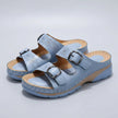 FJØRNA orthopedic buckle platform slide sandals for women in light blue with adjustable straps and cushioned soles.