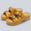 FJØRNA orthopedic buckle platform slide sandals for women with yellow straps and cushioned soles in studio setting