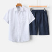 Men's two-piece summer set by FJØRNA, lightweight and breathable casual fit, includes a short-sleeve shirt and shorts.