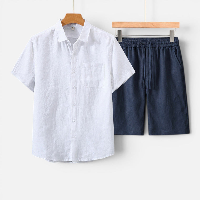 Men's two-piece summer set by FJØRNA, lightweight and breathable casual fit, includes a short-sleeve shirt and shorts.