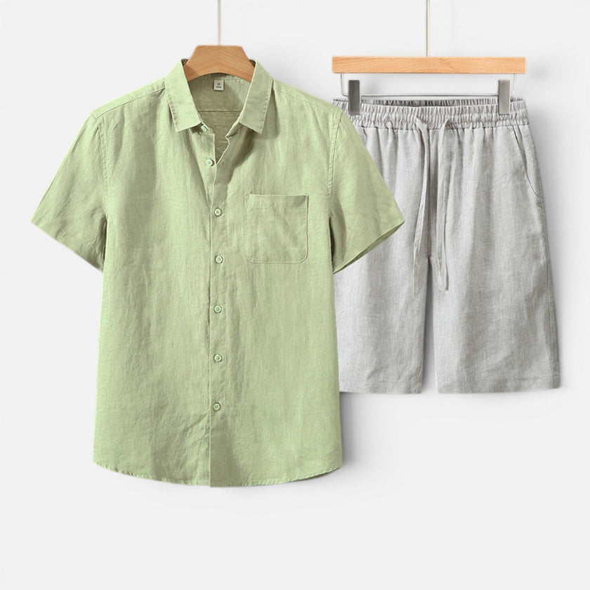 Men's two-piece summer set by FJØRNA, lightweight and breathable casual fit, featuring a short-sleeve top and shorts for warm weather.
