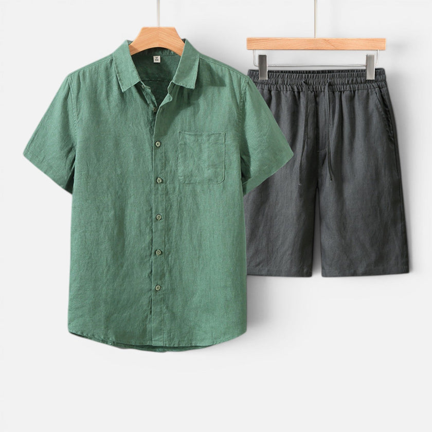 Men's two-piece summer set by FJØRNA featuring lightweight, breathable casual fit for warm weather.