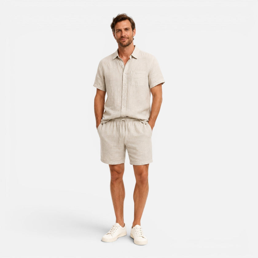 FJØRNA men's summer set with lightweight, breathable shirt and shorts for warm weather, casual and comfortable style.