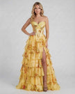 FJØRNA yellow floral chiffon strapless maxi dress with tiered design, perfect for elegant occasions and romantic sunset events.