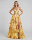 Yellow floral chiffon maxi dress for women by FJØRNA, strapless corset style, perfect for elegant occasions and sunset events.