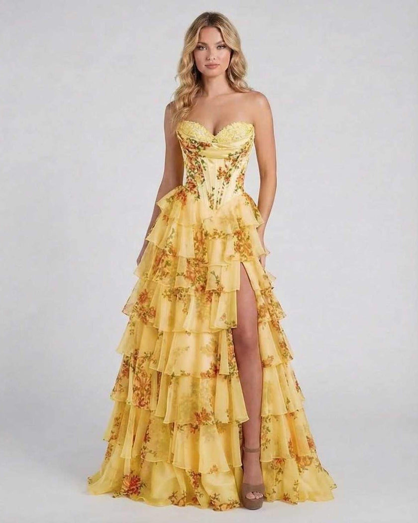 Yellow floral chiffon maxi dress for women by FJØRNA, strapless with tiered design, perfect for romantic sunset occasions.