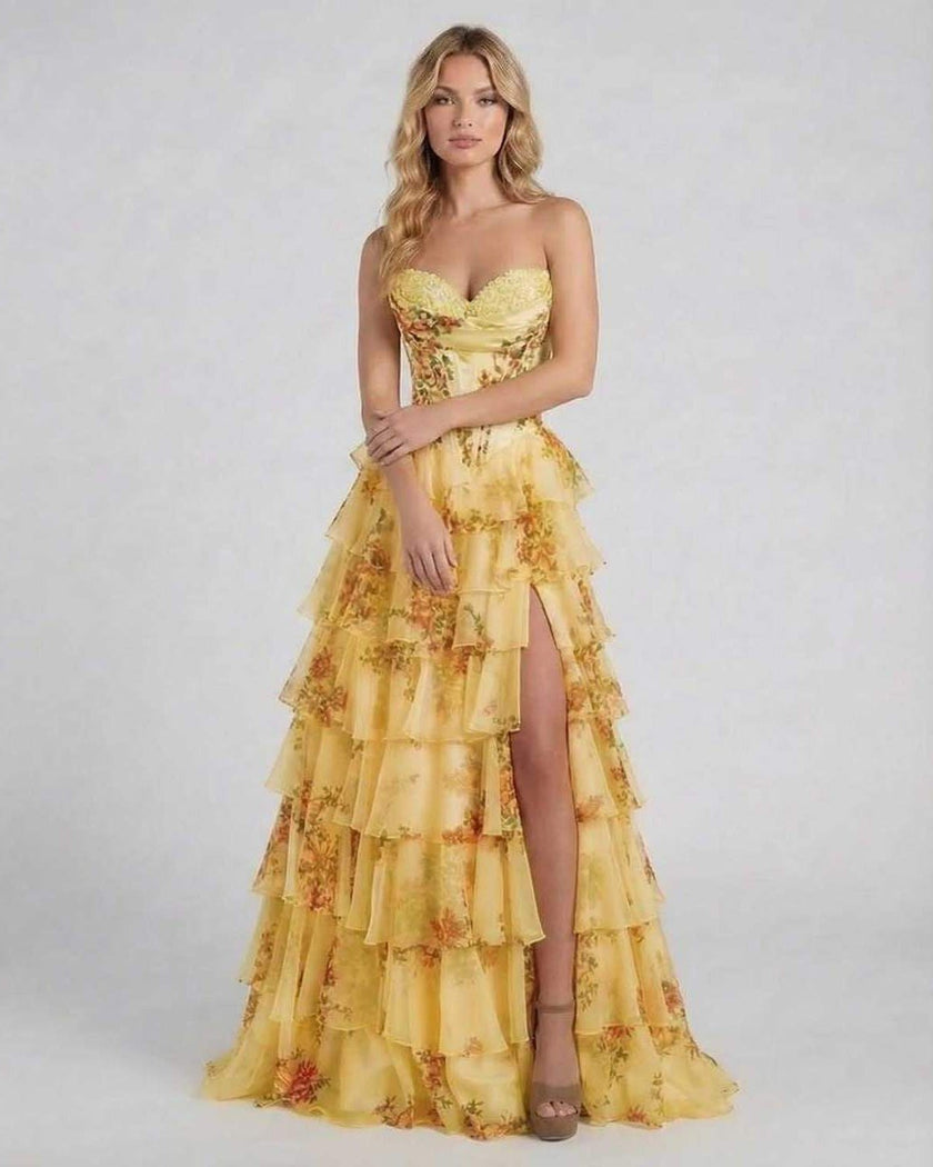 FJØRNA yellow floral chiffon maxi dress with strapless corset, tiered design, romantic silhouette, perfect for elegant occasions
