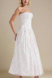 FJØRNA Tasmin Women's Midi Dress in white print, bodycon style, perfect for day to night occasions, shown on model.