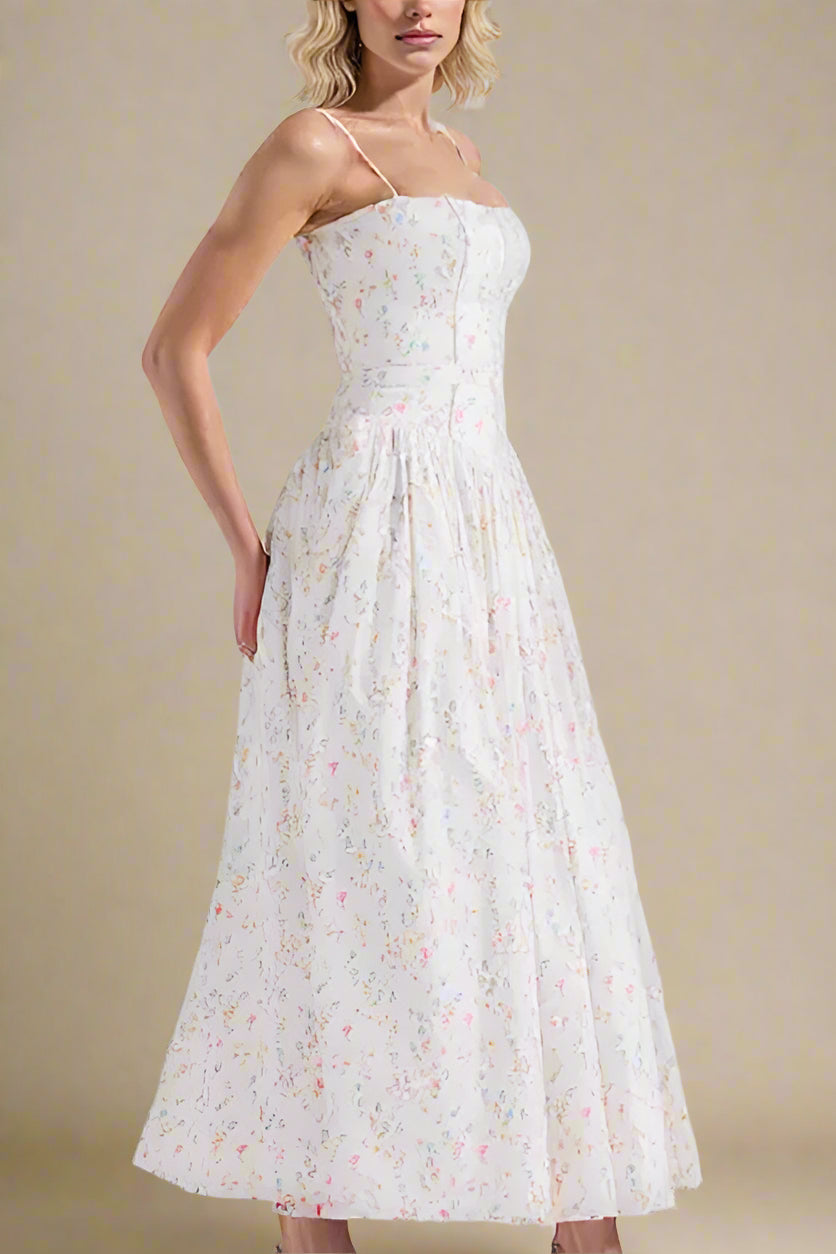 FJØRNA Tasmin Women's Midi Dress in white print, bodycon style, perfect for day to night occasions, shown on model.
