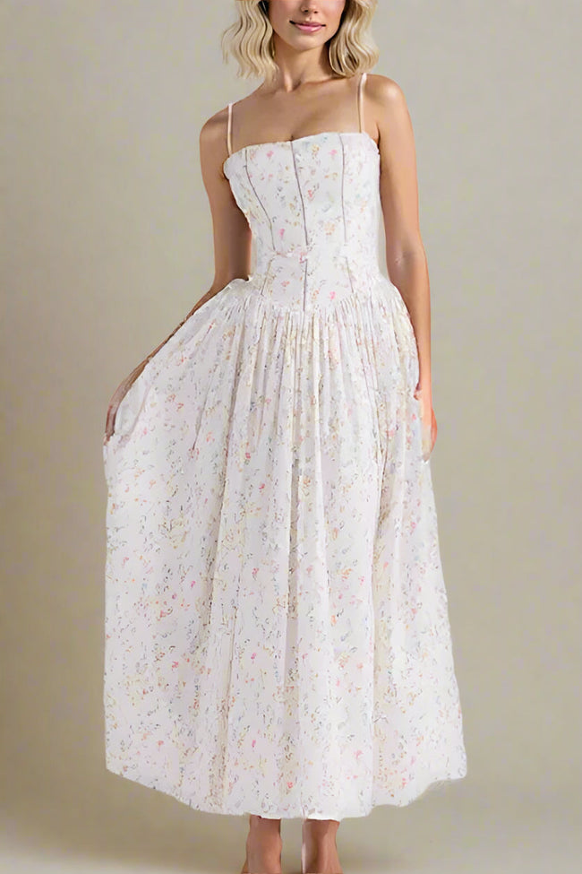FJØRNA Tasmin Women's White Print Midi Dress featuring a fitted bodycon design, perfect for day to night wear.