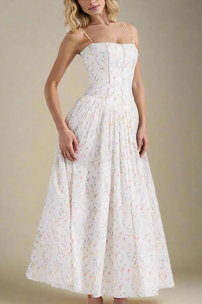 FJØRNA Tasmin women's white print midi dress, bodycon style, suitable for day to night wear, shown on a model.