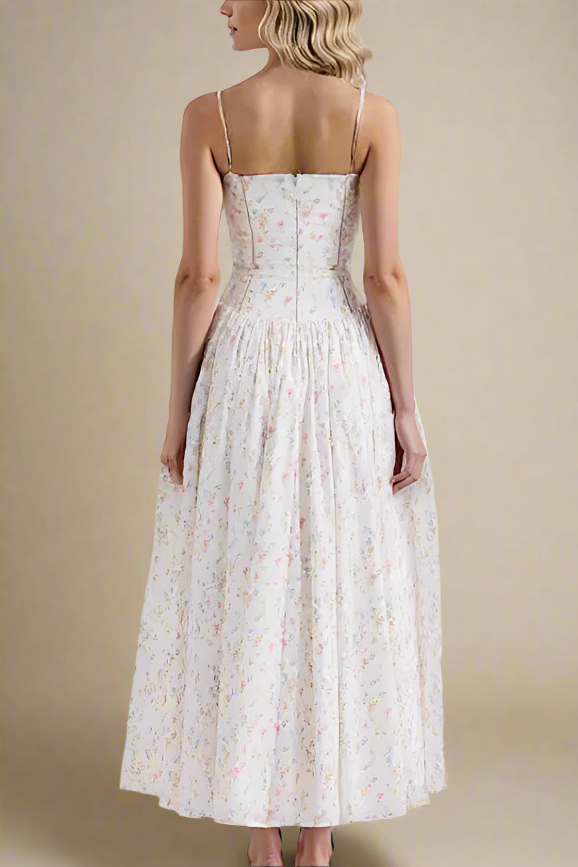 FJØRNA Tasmin women's white print midi dress with a bodycon fit, perfect for day to night styling.