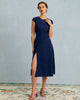 Navy polka dot midi dress for women by FJØRNA featuring a round neckline and stylish cutout detail.