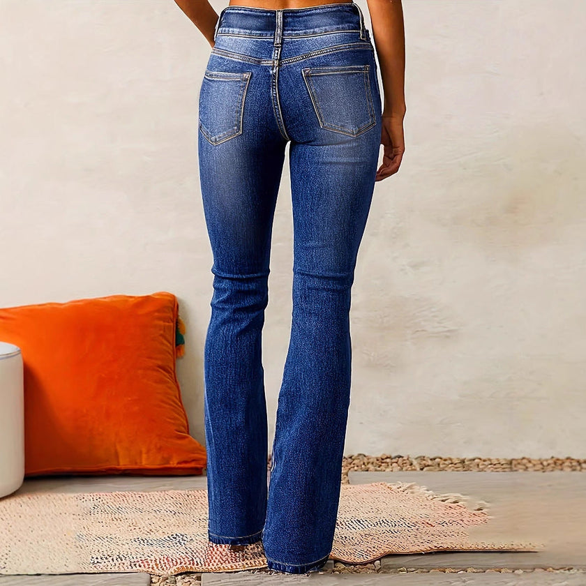FJØRNA women's high waist bootcut summer jeans with front pockets, lightweight denim, perfect for casual warm-weather wear.