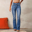 FJØRNA women's lightweight summer high-waist bootcut jeans with front pockets, casual and stylish for warm weather wear.