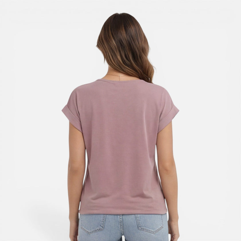 Women's V-neck twist front casual T-shirt by FJØRNA, soft summer top with short sleeves and relaxed fit.
