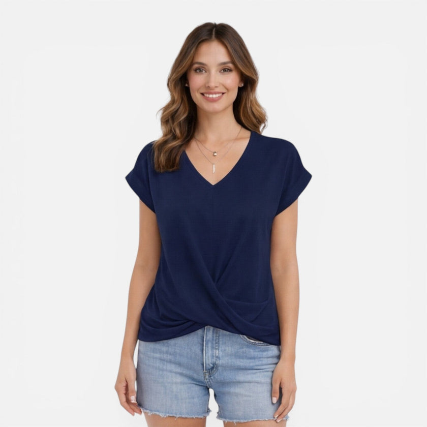 Women's V-neck twist front casual summer T-shirt by FJØRNA, soft short-sleeve top perfect for warm weather.