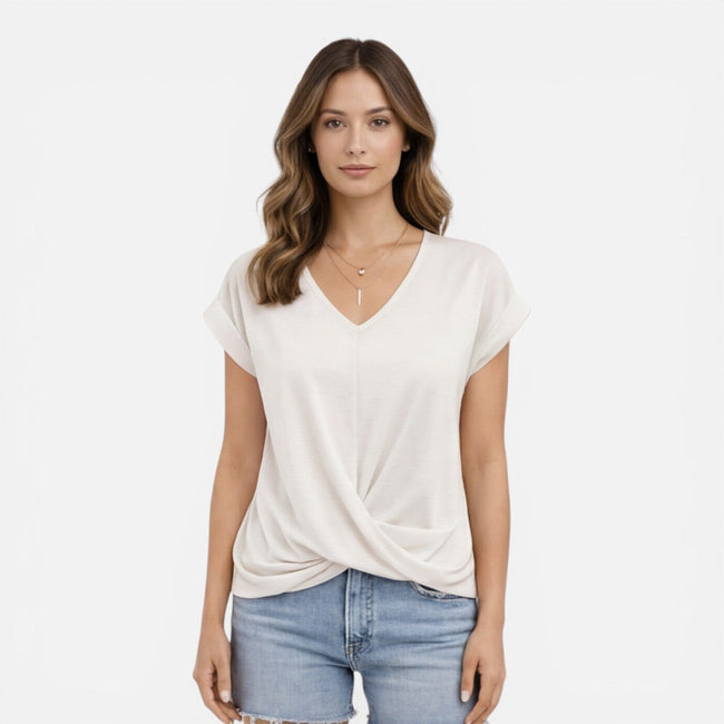Women's V-neck twist front casual T-shirt from FJØRNA, soft fabric, short sleeves, perfect for summer wear.