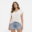 Women's V-neck twist front T-shirt by FJØRNA, soft casual summer top with short sleeves and stylish design.