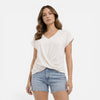 Women's V-neck twist front T-shirt by FJØRNA, soft casual summer top with short sleeves and stylish design.