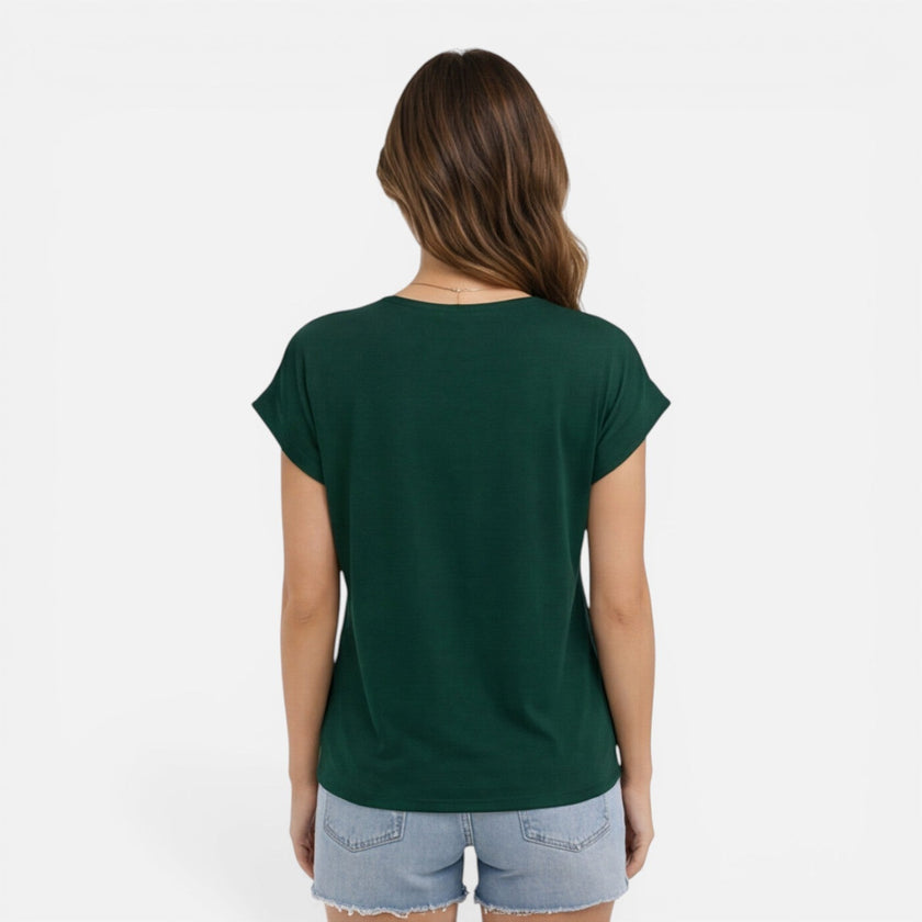 Women's FJØRNA V-neck twist front casual summer T-shirt with short sleeves, soft and comfortable for warm weather.