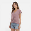 Women's short sleeve V-neck twist front T-shirt by FJØRNA, soft casual summer top with a relaxed fit and stylish design.