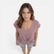 Women's V-neck twist front T-shirt by FJØRNA, soft casual summer top with short sleeves and stylish design.