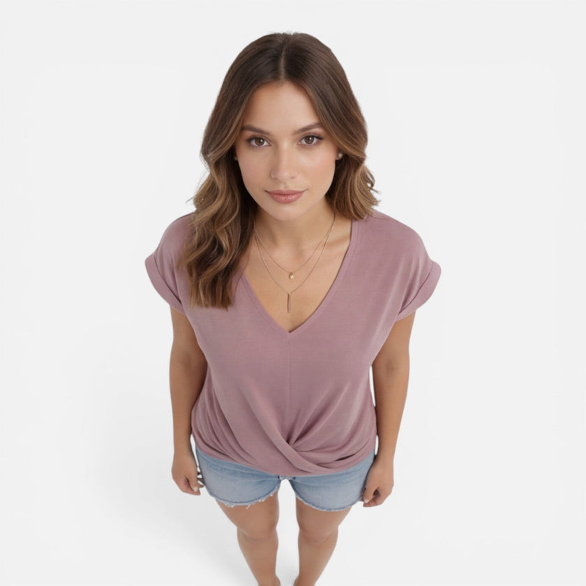 Women's V-neck twist front T-shirt by FJØRNA, soft casual summer top with short sleeves and stylish design.