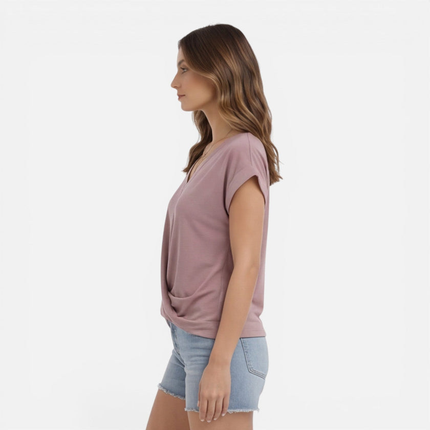 Women's V-neck twist front casual summer T-shirt by FJØRNA, soft fabric, short sleeves, stylish and comfortable for warm weather.