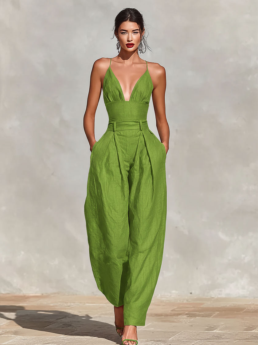 FJØRNA linen women's spaghetti strap jumpsuit with V-neck, high waist, pleated wide-leg pants, lightweight and stylish.