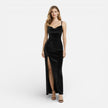 FJØRNA women's velvet evening dress with high slit, spaghetti straps, slim fit, and maxi length, perfect for summer events.