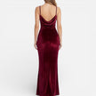FJØRNA women's velvet evening dress with slim fit, high slit, spaghetti straps, and maxi length, perfect for elegant summer occasions.