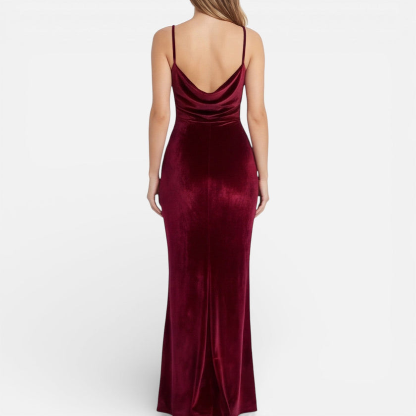 FJØRNA women's velvet evening dress with slim fit, high slit, spaghetti straps, and maxi length, perfect for elegant summer occasions.
