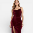 FJØRNA women's velvet evening dress with high slit, spaghetti straps, slim fit, and maxi length for elegant summer occasions.