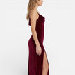 FJØRNA women's velvet evening dress with high slit, slim fit, spaghetti straps, and maxi length, perfect for summer events.