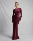 Burgundy satin maxi dress for women by FJØRNA, featuring a slim fit and elegant, animated-length design.