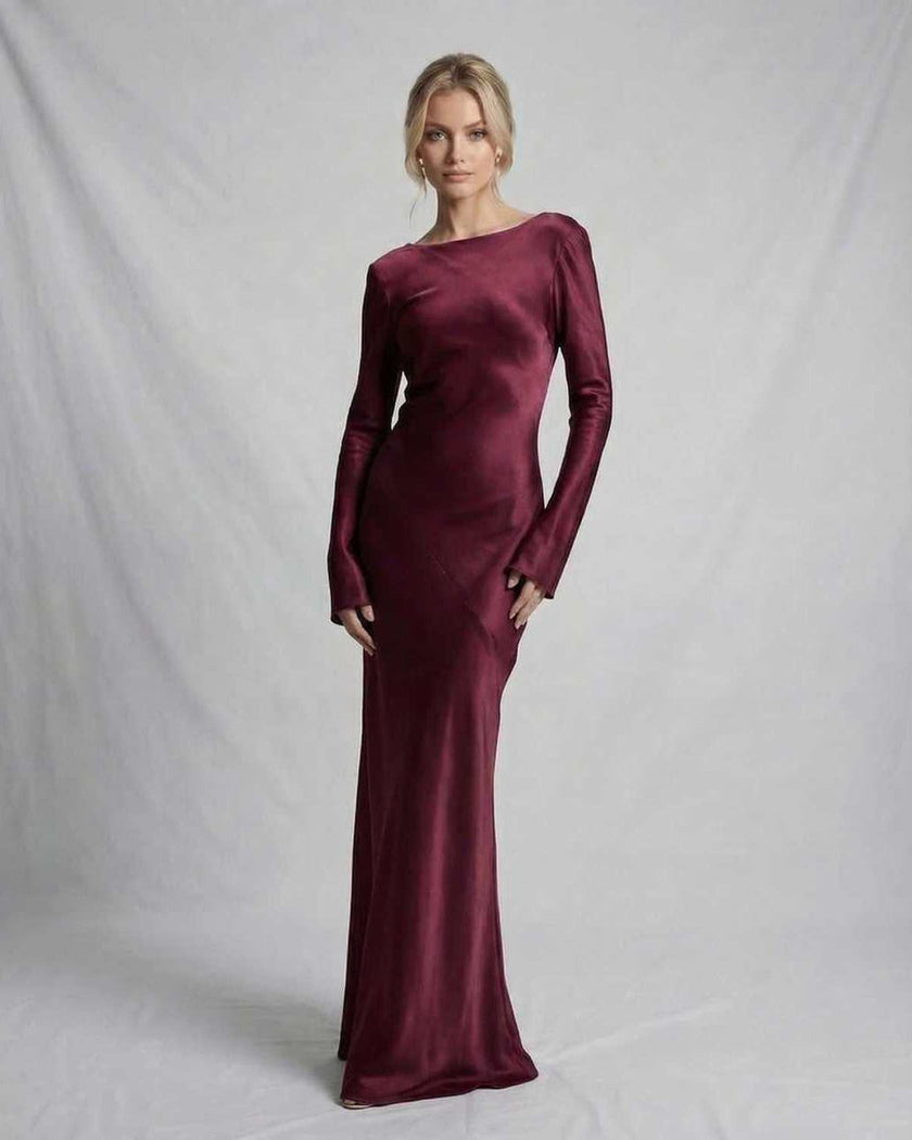 Burgundy satin maxi dress for women by FJØRNA, featuring a slim fit and elegant, animated-length design.