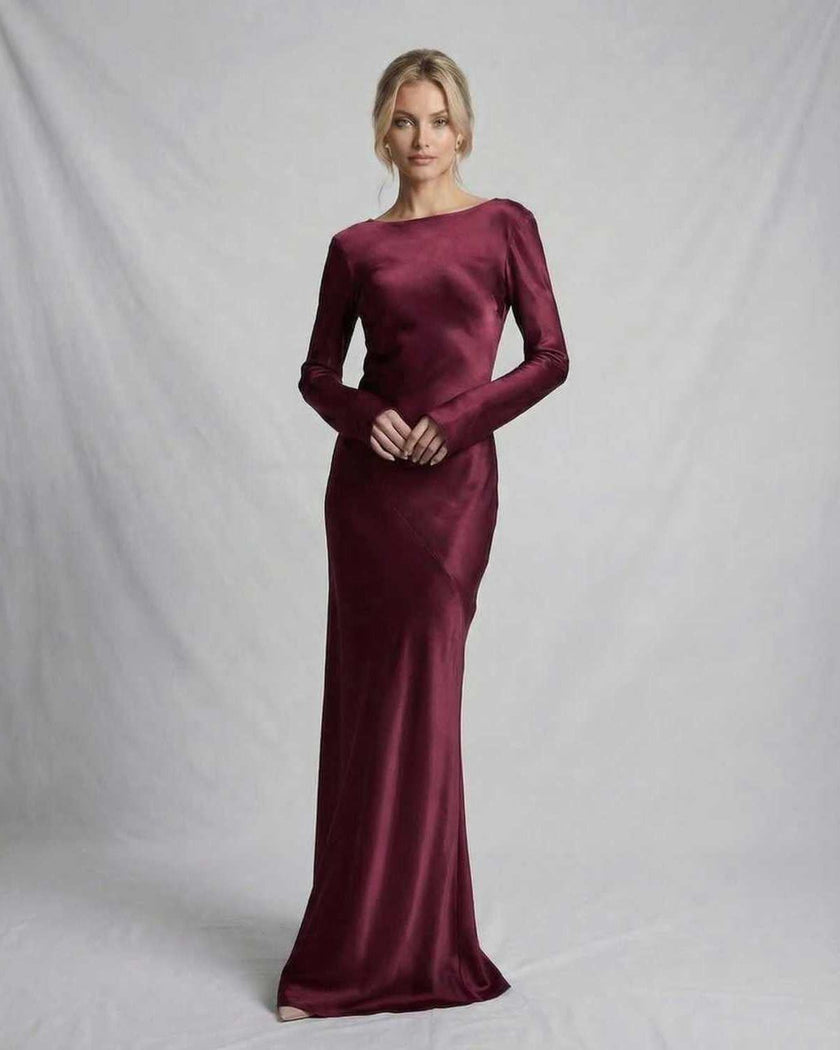 FJØRNA Vesper satin maxi dress for women in rich burgundy with a slim fit, elegant design, perfect for formal occasions.