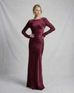 FJØRNA satin maxi dress for women in rich burgundy with a slim fit, modern elegance, and sophisticated style.