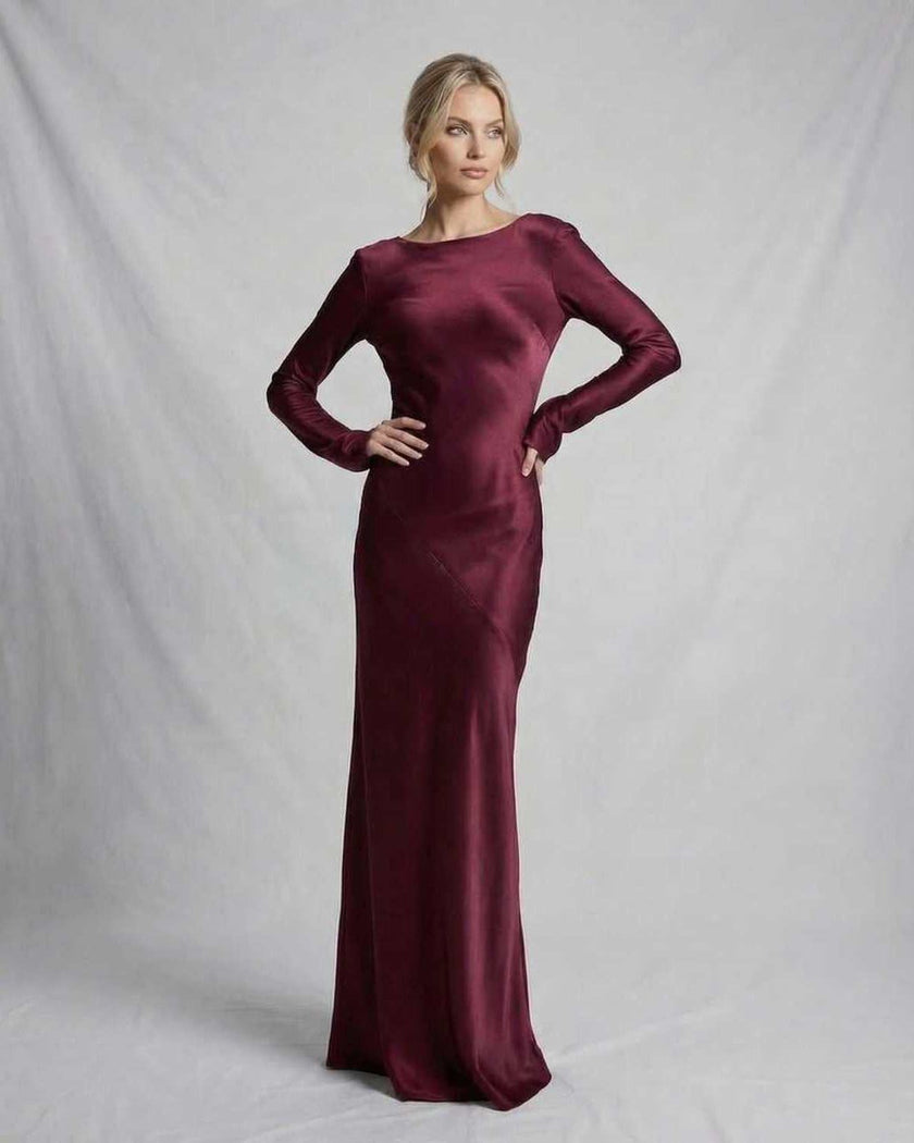 FJØRNA satin maxi dress for women in rich burgundy with a slim fit, modern elegance, and sophisticated style.