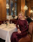 Rich burgundy satin maxi dress for women by FJØRNA, featuring a slim fit and elegant, sophisticated design.