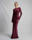 FJØRNA Vesper satin maxi dress for women in rich burgundy, featuring a luxurious slim-fit design and elegant length.