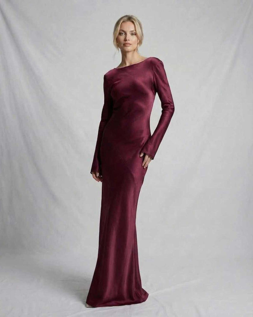 FJØRNA Vesper satin maxi dress for women in rich burgundy, featuring a luxurious slim-fit design and elegant length.