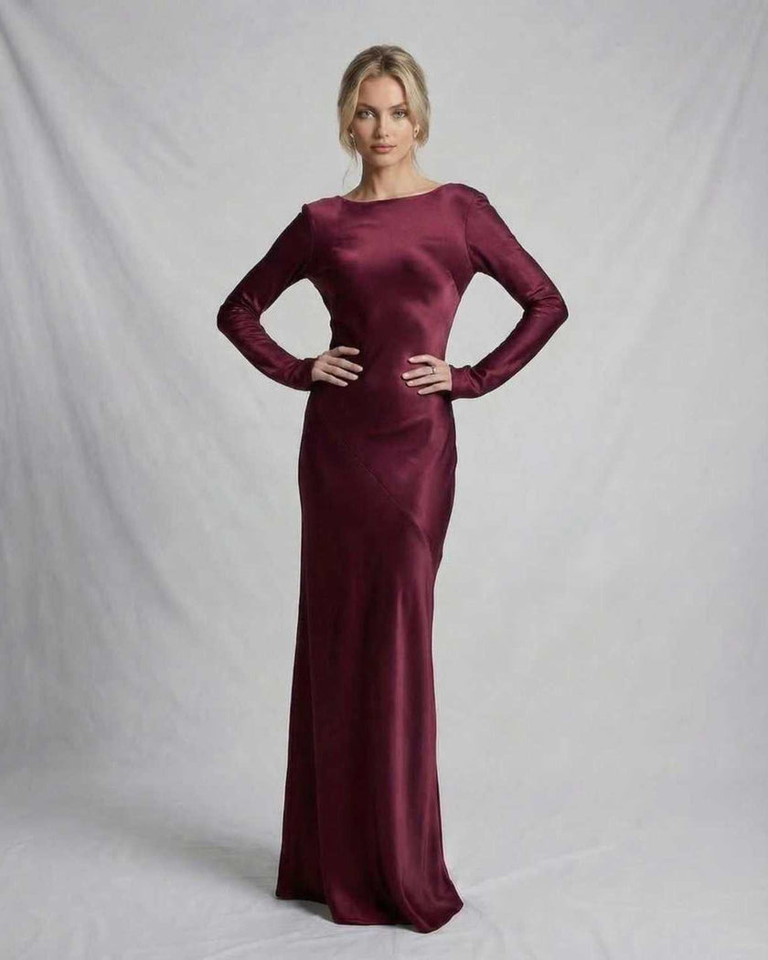 Rich burgundy satin maxi dress for women by FJØRNA, featuring a slim fit and ankle-length design with elegant details.